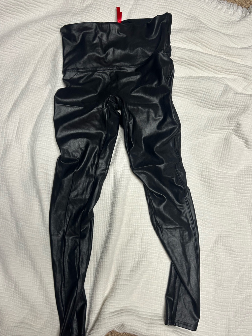 SPANX Black Faux Leather Leggings with Red Brand Tag